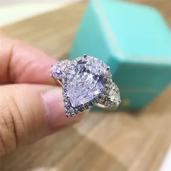 925 Sterling Sølv Kvinder Engagement Pære Skåret Halo Rings Simuleret Diamant Bryllup Sølv Brude-Ring Smykker Party Smykker