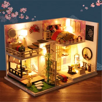 Nye DIY Dukke Hus i Træ Dukkehus Legetøj med Japansk Arkitektur Puslespil Casa Arkitektur Huse Mininatures Legetøj For Børn