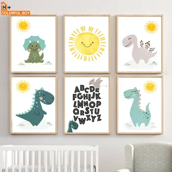 Baby Solskin Dinosaur Nordisk Tegnefilm Plakater Og Prints Væg Kunst, Lærred Maleri Print Væg Billeder Til Børneværelset Dreng Soveværelse