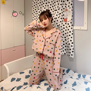 Foråret efteråret kvinder pijamas print bomuld pyjamas sæt kawaii japansk koreansk stil crayon shin chan nattøj hjem suitY068