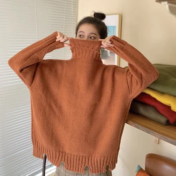5 farver 2019 vinter koreansk stil løs strikket varm solid farve turtleneck sweater kvinder trøjer og pullovers (C8588)