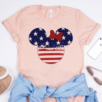 2020 Sjov 4 juli Shirts Søde Minnie Inspireret Independence Day T-Shirt med det Amerikanske Flag Graphic Tee Matchende Familie Tee