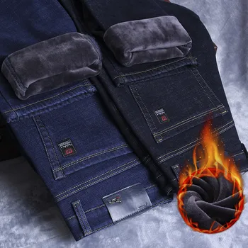 SHAN BAO Mænds Monteres Lige Vinteren Fleece Tyk Komfortabel Varme Jeans Mærke Tøj Klassiske Badge Mode Denim Jeans