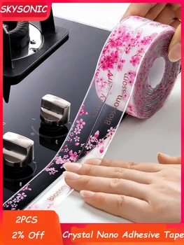 SKYSONIC Cherry Blossoms Crystal Selvklæbende Lim Magic Dobbelt Sidet Nano Tape Genanvendelige Traceless Tape Gekkotape Cleanab