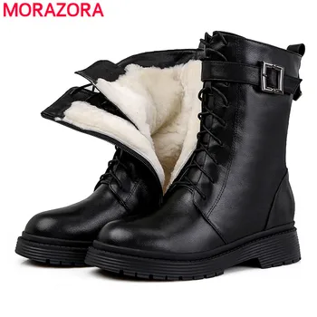 MORAZORA 2020 Fuld Ægte læder ankel støvler med lynlås spænde punk platform motorcykel støvler fåreuld vinter sne støvler kvinder