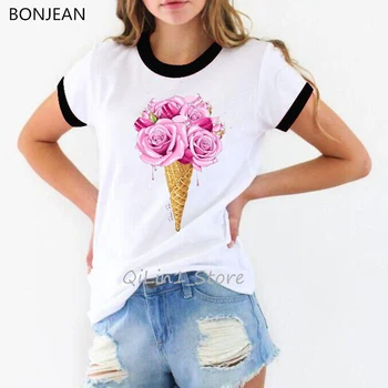 Kvinder shirts pink blomster is print kvinde tøj sommer top kvindelige t-shirt streetwear 90'erne hvid tumblr tshirt femme