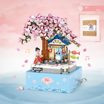 Japan under sakura træet mini blok music box bygning mursten Totoro kimono tal pædagogisk legetøj indsamling til gave