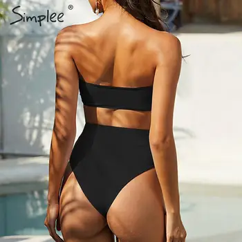Simplee Sexet solid bikini sæt High cut bandeau ærmeløs to stykker kvinder badetøj Hule sommer strand Badende badedragt