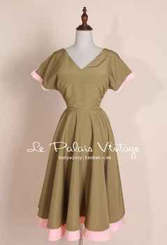 GRATIS FORSENDELSE Le Palais Vintage Begrænset elegant retro klassiske hit farve V hals med høj talje kjole/ puff/ ball gown