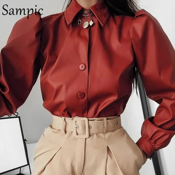 Sampic Turn-Down Krave Casual Streetwear Kvinde Mode-Knappen Brun Læder Bluse Shirt Puff Langærmet Toppe Og Bluse