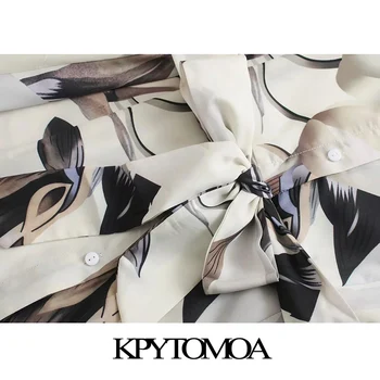 KPYTOMOA Kvinder 2020 Elegante Mode Med Vinger Print Midi-Shirt Kjole Vintage Revers Krave Lange Ærmer Kvindelige Kjoler Vestidos