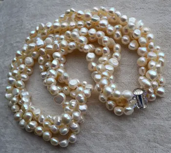 Perfekt Perle Halskæde ,Charmerende 4 Tråde Hvid Farve Barok Form, Ægte Ferskvands perlekæde, AA 6-7MM 18 inches