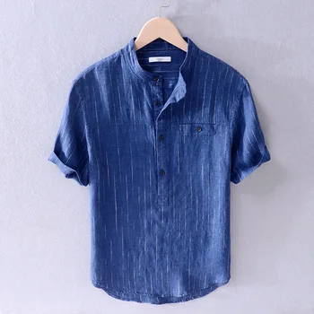 Herre Stribet Kortærmet Skjorter Af Høj Kvalitet, Hør, Åndbart Blød Klassisk Skjorte Kinesiske Retro Vintage