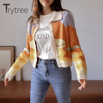 Trytree 2020 Efteråret Casual Kvinders Sweater Single-Breasted Strikkede Cardigans Kvinde Sweater Streetwear Toppe Kvinder Kort Pels