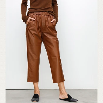 Kvinder Bukser Ægte Fåre Læder 2020 Mode Virkelige Ægte Fåre Læder Afgrøde Jeans Elastisk Bælte Talje Bukser