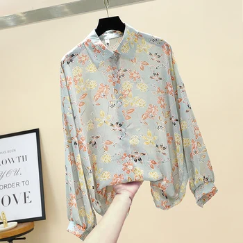 Plus Størrelse Bluse Kvinder Floral Print Chiffon Skjorte Kvinder Toppe Med Lange Ærmer Revers Løs Skjorte Mid-Long Solcreme Shirt Koreanske Top