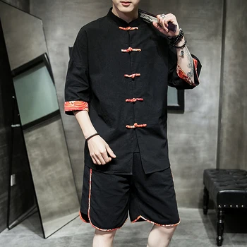 Retro Kinesisk stil herretøj to-delt sæt sommer ren bomuld havvand klippe udskrivning plade spænde fem-langærmet skjorte