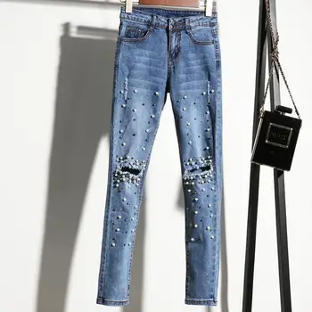 Beadeding Hul Jeans Elasticitet Bukser Forår Sommer Klassiske Casual Jeans Kvinder