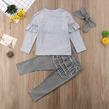 3 Stykker Pjusket langærmet T-shirt og Flæser Plaid Bukser med Hovedbøjle Sæt Til Toddler Pige Tøj
