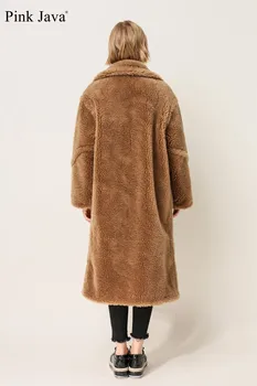 PINK JAVA QC1848 nye ankomst gratis fragt real får pels lang stil uld frakke kamel teddy frakke over størrelsen vinteren kvinder coat