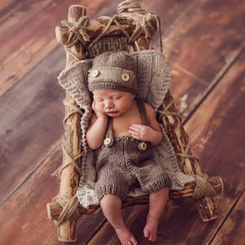 Nyfødt Fotografering Rekvisitter Retro Photo Shoot For Baby Drenge Spædbarn, Hat, Bukser, Hæklet Og Strikket Tøj, Tilbehør Kostume-Outfit
