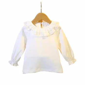 Fashion Baby Pige Toppe Bomuld med Lange Ærmer Spædbarn Bluse med Flæse Krave Toppe Skjorter Hvid 0-3Y DQ956