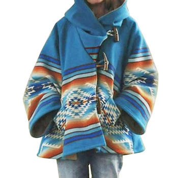Stribet Geometrisk Mønster Pels Kvinde 2020 Vinter Hooded Wool Coat-Knappen Lange Ærmer Løs Jakkelomme Afslappet Frakke Kvinder