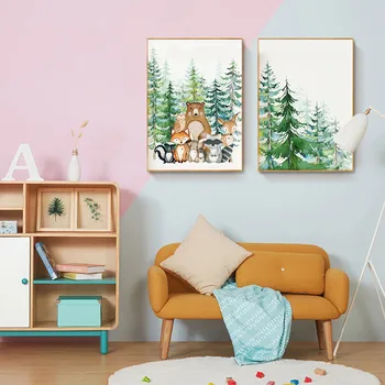 Skov Dyr Udskrivning Børnehave Væg Kunst Maleri Nordiske Plakat Tegnefilm Skærm Maleri Fox Deer Bear Væggen Billede Børn rummet
