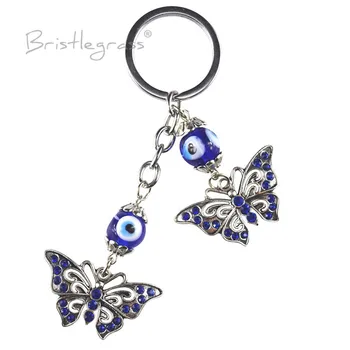 BRISTLEGRASS tyrkisk Blå Onde Øje Rhinestone Butterfly Nøglering nøgleringe Ring Indehaveren Amulet Vedhæng Lucky Charm Velsignelse Gave