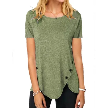 5XL Plus Size Summer Cotton T-shirts Women Short Sleeve Casual Loose Solid Button T-shirt Irregular Hem Top Ladies Clothing