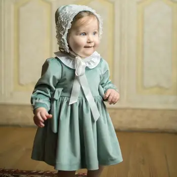 Piger Spanske Prinsesse Kjole Børn Spanien Kjoler Baby Pige Kjole 1-5 Y Hat Bomuld Langærmet Grøn Velour Kjole Til Foråret
