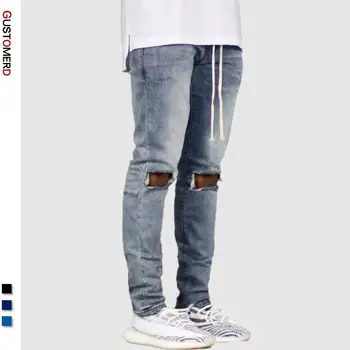 2020 Forår Og Efterår Jeans Bukser Mænd Mode Solid Farve Hul Skinny Jeans Tøj Afslappet Snøre Jeans