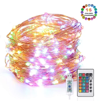 16 farver Foranderligt USB-Fairy Lights 5m 10m Jul LED Lys Dekoration Fjernbetjening Bryllup Værelse Dekoration String Lys