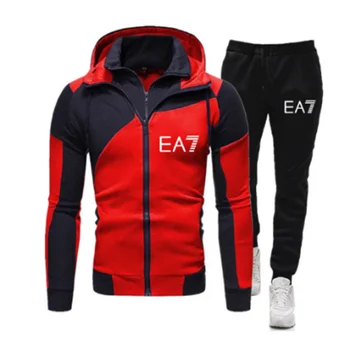 2020 efteråret og vinteren, varm og komfortabel mode mænds 2-delt sæt farve matchende bogstaver EA7 trykt hoodie + sports pant