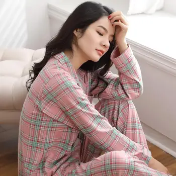 Bomuld Nattøj til Kvinder Pyjamas sæt Kvindelige Stribet gitter kvinder pyjamas Lounge Tøj med Lange Ærmer Piger Homewear