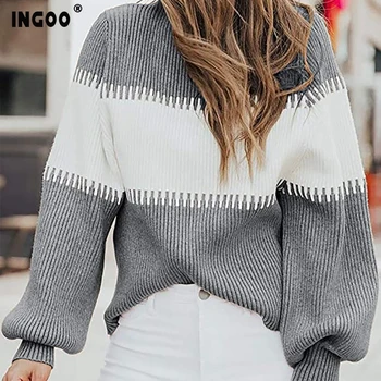 INGOO Patchwork Kvinder Sweater Rullekrave, Puff Ærmer Farverig Mode 7 Farver Top Pullover Oversize Varme Trøjer