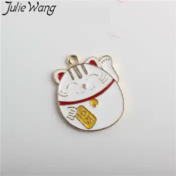 Julie Wang 5pcs Emalje Formue Kat Charms, Alloy Guld Tone Lucky Cat Dyr Halskæde Armbånd Smykker at Gøre Tilbehør