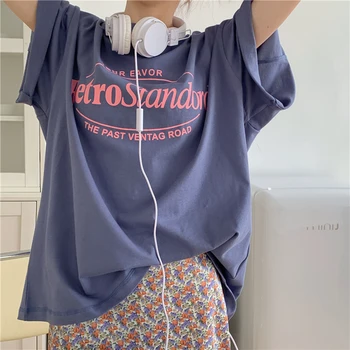 4 farver Sommer koreansk stil brev print kortærmet t-shirt Dame løse toppe Casual t-Shirts shirt femme (w63412)