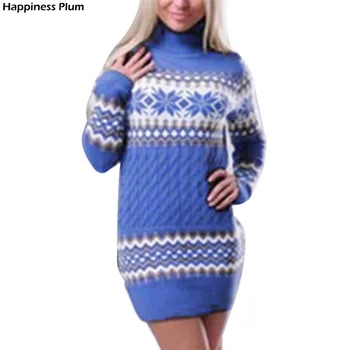 2020 Ny dame Vinter Varm Turtleneck Sweater Kjole Strikket Kvindelige Lang Jul Pullovere Patchwork Strik Mini-Bodycon