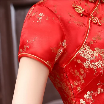 16Color Satin Traditionel Kinesisk Kjole til Kvinder Qipao Kort Vintage Dragon Print Rød Kina Stil Bryllup Bryllup S-6XL