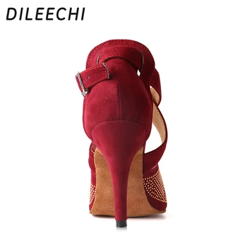 DILEECHI røde flok Latin dansesko kvinde Rhinestone Ballroom dansesko til Tango party sko med HØJ hæl 10cm salsa blød sål