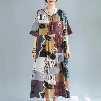 2021 Sommeren Vintage Plus Size Print Bomuld Maxi Sundress Korea Kvinder Løs Stranden Midi Kjole Elegant Bodycon Part Vestidos