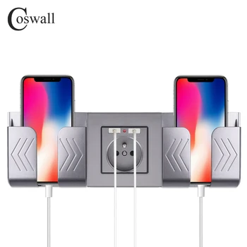 COSWALL Dual USB-Opladning Port 16A Væggen fransk Polen Socket Stikkontakt Glas Panel PC Panel Mat Grå Farve