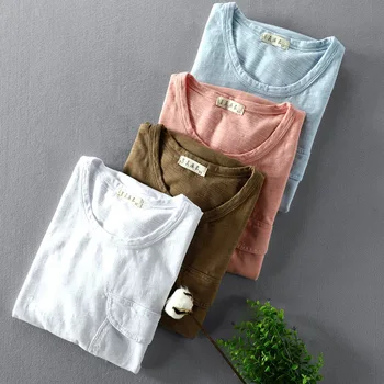Mænd Bomuld Og Linned Blend kortærmet T-shirts Med Lommer Japan, Minimalistisk Stil, Blød Behagelig Pullover Toppe Casual t-Shirts