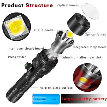 Kraftig LED Lommelygte med Høj Effekt, Genopladelige LED-Lampe Lanterne Cykel Lys Taktisk Lommelygte Med 18650 Batteri