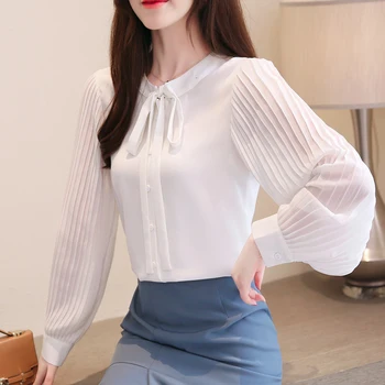 Kvinder Bluser Koreansk Mode Chiffon Bluse Shirt Plus Size Elegante Kvinder Bue Hvid Skjorte Blusas Mujer De Moda 2019 Kvinder Toppe