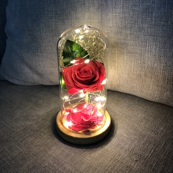 Valentine ' s Day Gave Romantisk Røde Rose LED Lys Faldne Kronblade i en glaskuppel på en Træ-Base bondebryllup Kærlighed Dekoration