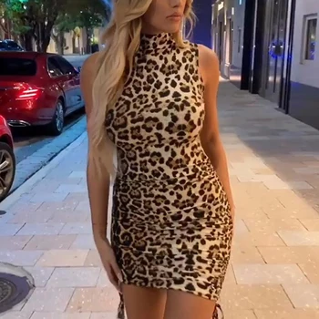 OMSJ 2019 Efteråret julefrokost Mini Kjole med Leopard Ærmer og Høj hals Slim Club Sexet Bodycon Elegant Snor Kjoler