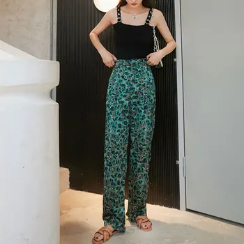 CHEERART Grønne Leopard Satin Bukser Sommer Bukser Kvinder, Høj Talje Bukser Flowy Lange Bukser koreanske Streetwear 2020
