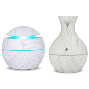 2 Sæt 130Ml Luft Luftfugter USB Charge Aroma Diffuser Ultralyd Hvid Træ Korn med 7 Farve Led Lys Bold & vase